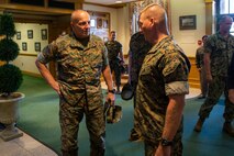 U.S. Marine Corps Maj. Gen. Julian D. Alford, right, commanding general, Marine Corps Installations East-Marine Corps Base Camp Lejeune, speaks with Lt. Gen. Charles G. Chiarotti, left, deputy commandant, Installations and Logistics, on the quarterdeck of Bldg. 1 during his visit to MCB Camp Lejeune, North Carolina, Sept. 30, 2020. Chiarotti and Maj. Gen. Edward D. Banta, commander, Marine Corps Installations Command visited Camp Lejeune and other MCIEAST installations in Eastern North Carolina to receive updates on the progress of hurricane-related construction projects and repairs. (U.S. Marine Corps photo by LCpl. Christian Ayers)