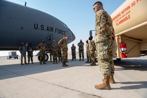 U.S. Air Force Lt. Gen. Greg Guillot, U.S. Air Forces Central commander, speaks to 379th Air Expeditionary Wing Airmen during his troop engagement at Al Udeid Air Base, Qatar, Sept. 28, 2020. During his visit, Guillot interacted with Airmen and recognized outstanding performers in support of the wing and operations across the region.