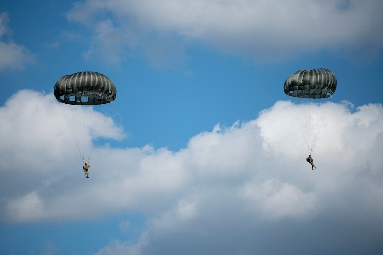 Two military personnel are parachuting.