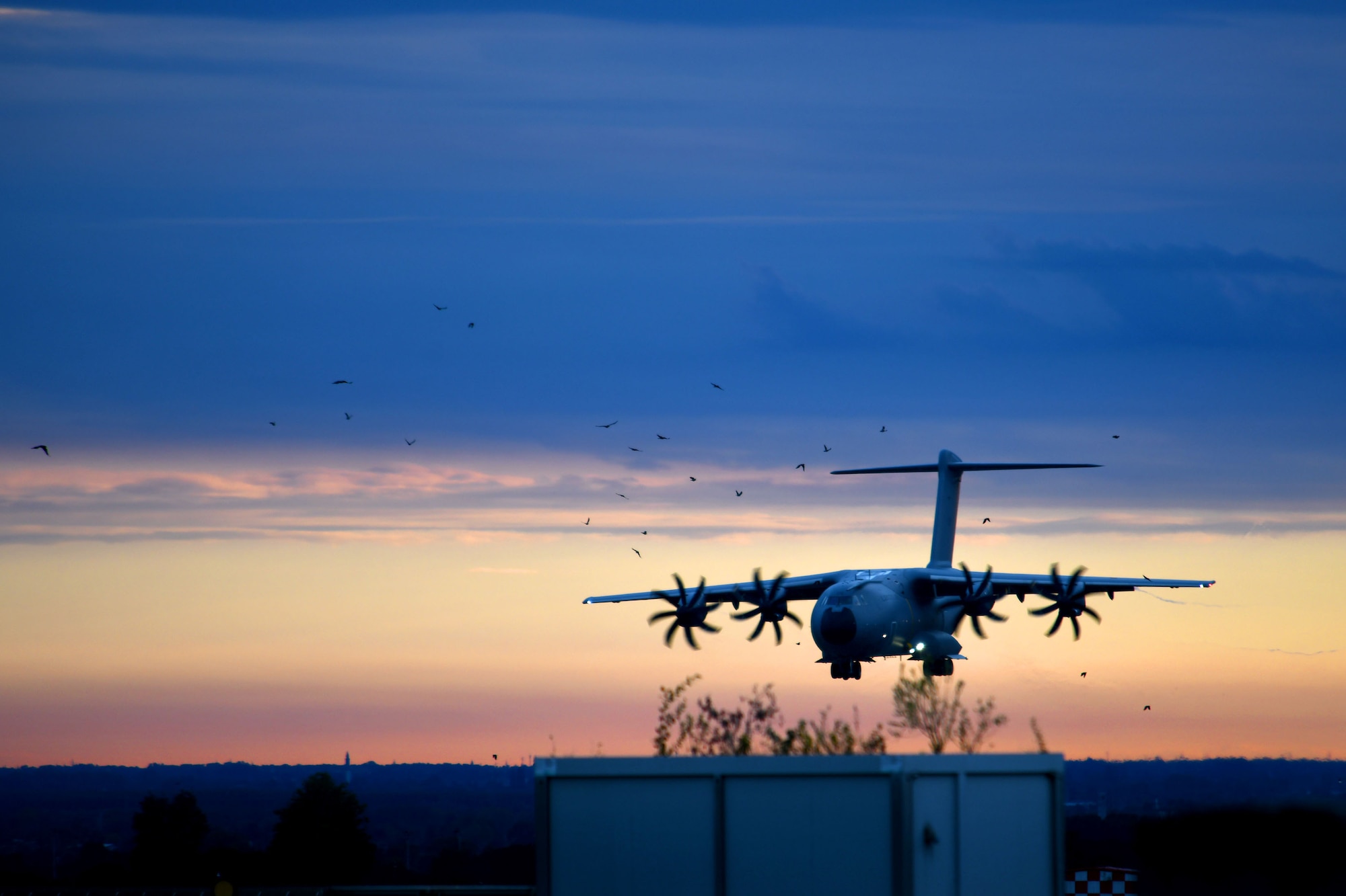 A Spanish air force Airbus A400M approaches for landing at Aviano Air Base, Italy, Sept. 28, 2020. U.S. Airmen assigned to the 31st Aircraft Maintenance Squadron and 510th Fighter Squadron returned from a flying training deployment to Royal Air Force Lakenheath, United Kingdom. (U.S. Air Force photo by Staff Sgt. K. Tucker Owen)