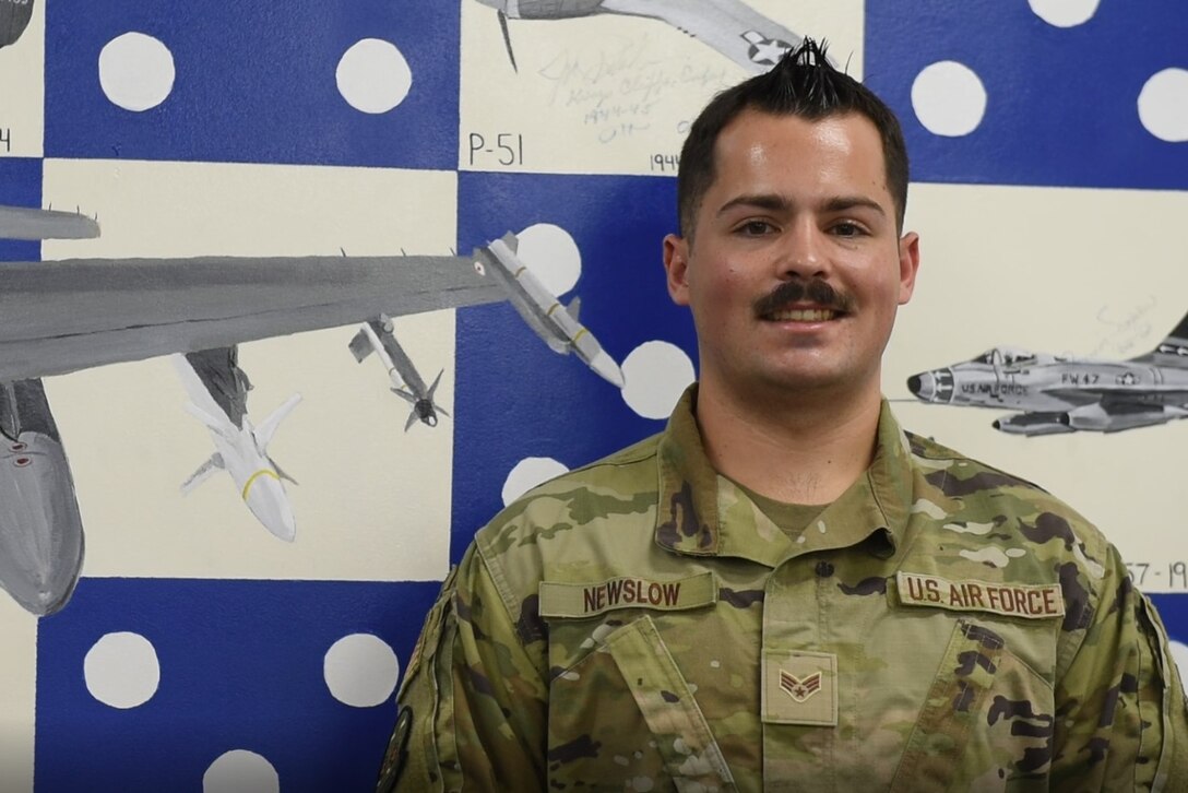 .S. Air Force Senior Airman Zachary Newslow, 55th Fighter Generation Squadron support staff team member, smiles for a photo at Shaw Air Force Base, South Carolina, Sept. 25, 2020.