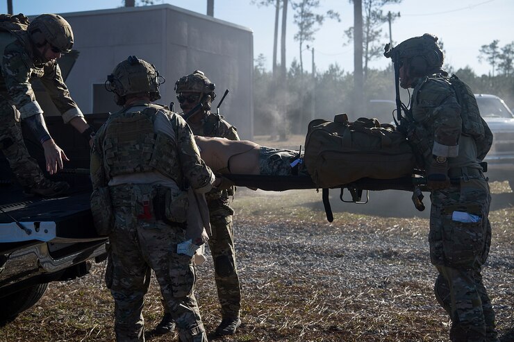 U.S. Air Force Tactical Control Party Specialists, assigned to the 148th Air Support Operations Squadron, 165th ASOS and 284th ASOS, participate in Tactical Control Casualty training during Southern Strike 2020 at Camp Shelby Joint Forces Training Center, Miss., Feb. 2, 2020. (U.S. Air Force photo by Senior Airman Taylor Phifer)