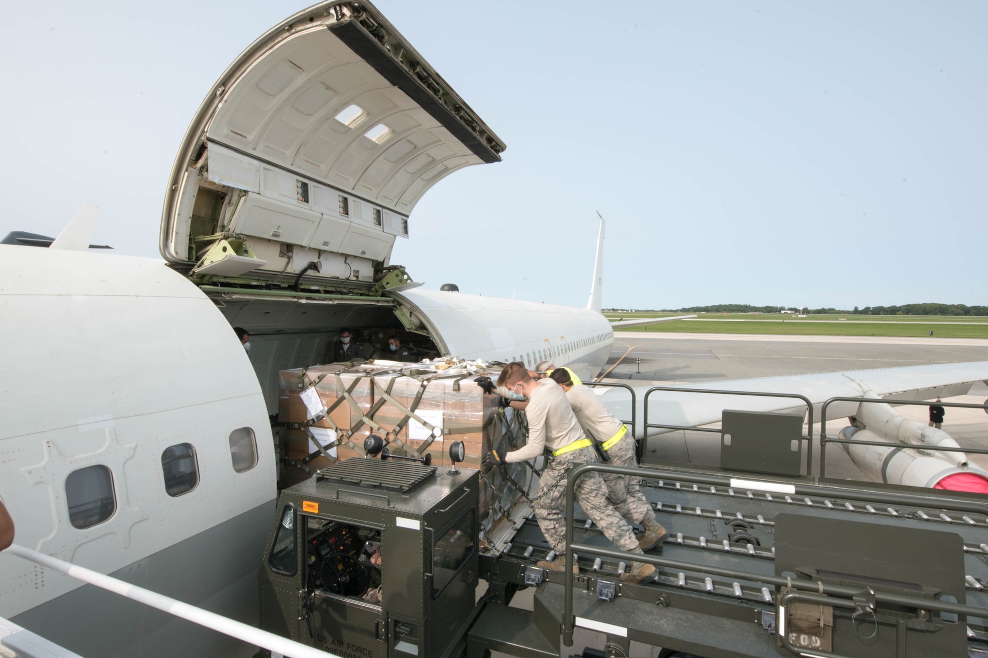 A load team from the 436th Aerial Port Squadron loads a pallet of equipment onto an Israeli air force Boeing 707 Sept. 15, 2020, at Dover Air Force Base, Delaware, as part of a foreign military sales operation. Over the past 70 years, the U.S. and Israel have developed unbreakable bonds through cooperation in security, economics and business, scientific research and innovation and people-to-people exchanges. Due to its strategic location, Dover AFB regularly supports foreign military sales operations. (U.S. Air Force photo by Mauricio Campino)