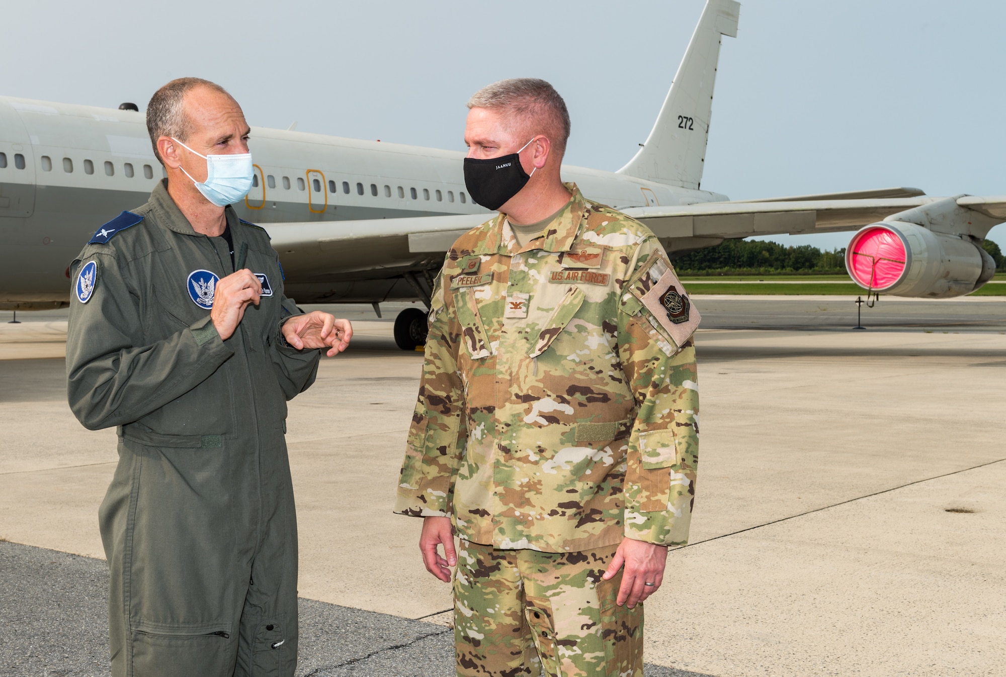 Brig. Gen. Amir Keren, Israeli air force attache and the deputy defense attache to the United States, speaks with Col. Mike Peeler, 436th Operations Group commander, Sept. 15, 2020, on the flight line at Dover Air Force Base, Delaware. Keren attended a foreign military sales operation involving Israel that Airmen from the 436th Airlift Wing facilitated. Over the past 70 years, the U.S. and Israel have developed unbreakable bonds through cooperation in security, economics and business, scientific research and innovation and people-to-people exchanges. Due to its strategic location, Dover AFB regularly supports foreign military sales operations. (U.S. Air Force photo by Roland Balik)
