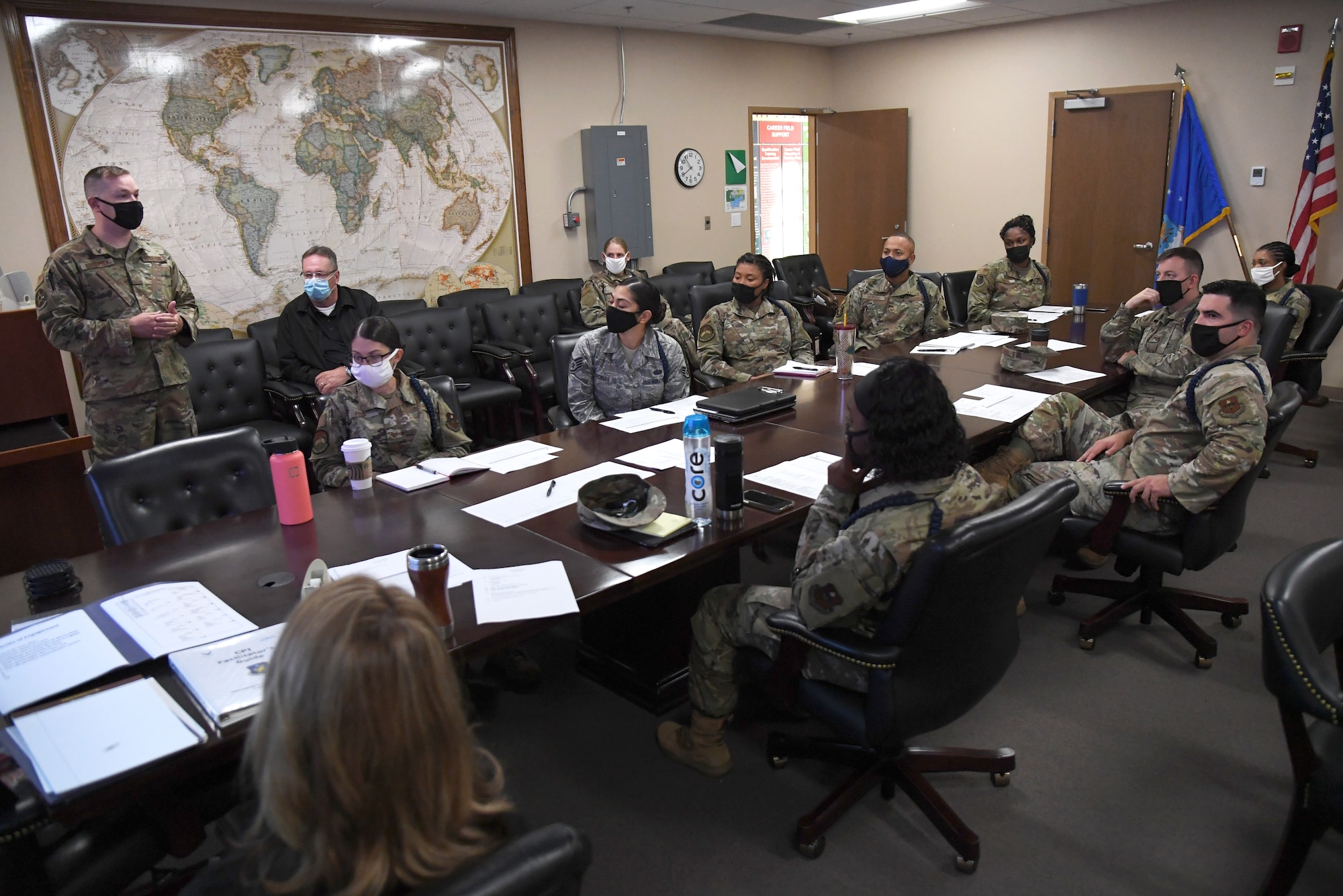 Members of the 81st Training Group attend the Continuous Process Improvement workshop inside Matero Hall at Keesler Air Force Base, Mississippi, October 1, 2020. The workshop included 81st TRG military training instructors discussing ways of improvement for current procedures being followed by focusing on maximizing value, minimizing waste, sharing best practices and standardizing across the 81st TRG whenever and where ever possible. (U.S. Air Force photo by Kemberly Groue)