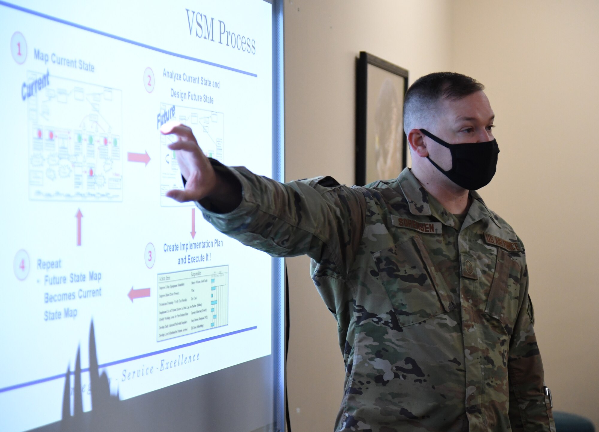 U.S. Air Force Master Sgt. David Sorensen, 81st Training Support Squadron curriculum developer, reviews the value stream map process during the Continuous Process Improvement workshop inside Matero Hall at Keesler Air Force Base, Mississippi, October 1, 2020. The workshop included 81st Training Group military training instructors discussing ways of improvement for current procedures being followed by focusing on maximizing value, minimizing waste, sharing best practices and standardizing across the 81st TRG whenever and where ever possible. (U.S. Air Force photo by Kemberly Groue)