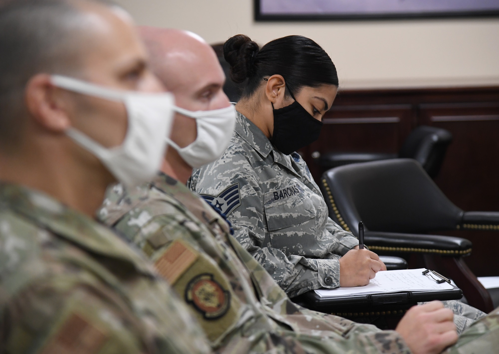 U.S. Air Force staff Sgt. Erinelle Barcinas, 338th Training Squadron military training leader, takes notes during the Continuous Process Improvement workshop inside Matero Hall at Keesler Air Force Base, Mississippi, October 1, 2020. The workshop included 81st Training Group military training instructors discussing ways of improvement for current procedures being followed by focusing on maximizing value, minimizing waste, sharing best practices and standardizing across the 81st TRG whenever and where ever possible. (U.S. Air Force photo by Kemberly Groue)
