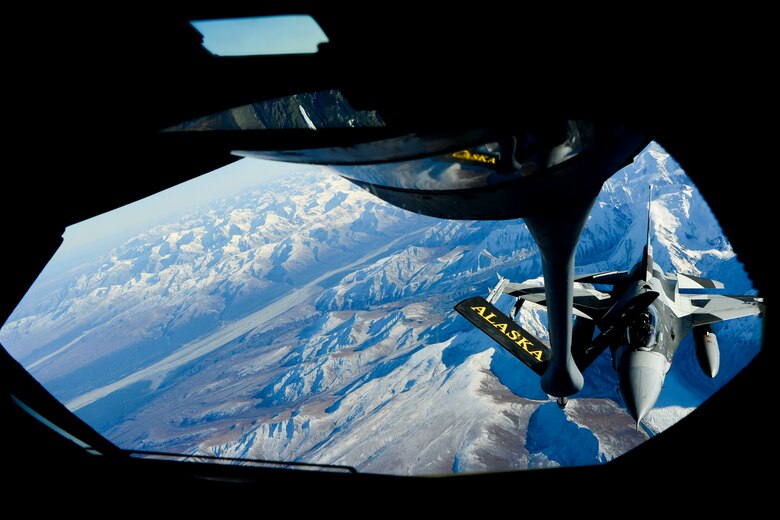 A U.S. Air Force F-16C Fighting Falcon pilot assigned to the 18th Aggressor Squadron prepares to refuel from a KC-135 Stratotanker assigned to the 168th Air Refueling Squadron in the Joint Pacific Alaska Range Complex Oct. 8, 2018, during RED FLAG-Alaska 19-1. RF-A is the Pacific Air Force’s premier simulated combat airpower employment exercise. (U.S. Air Force photo by Airman Aaron Guerrisky)