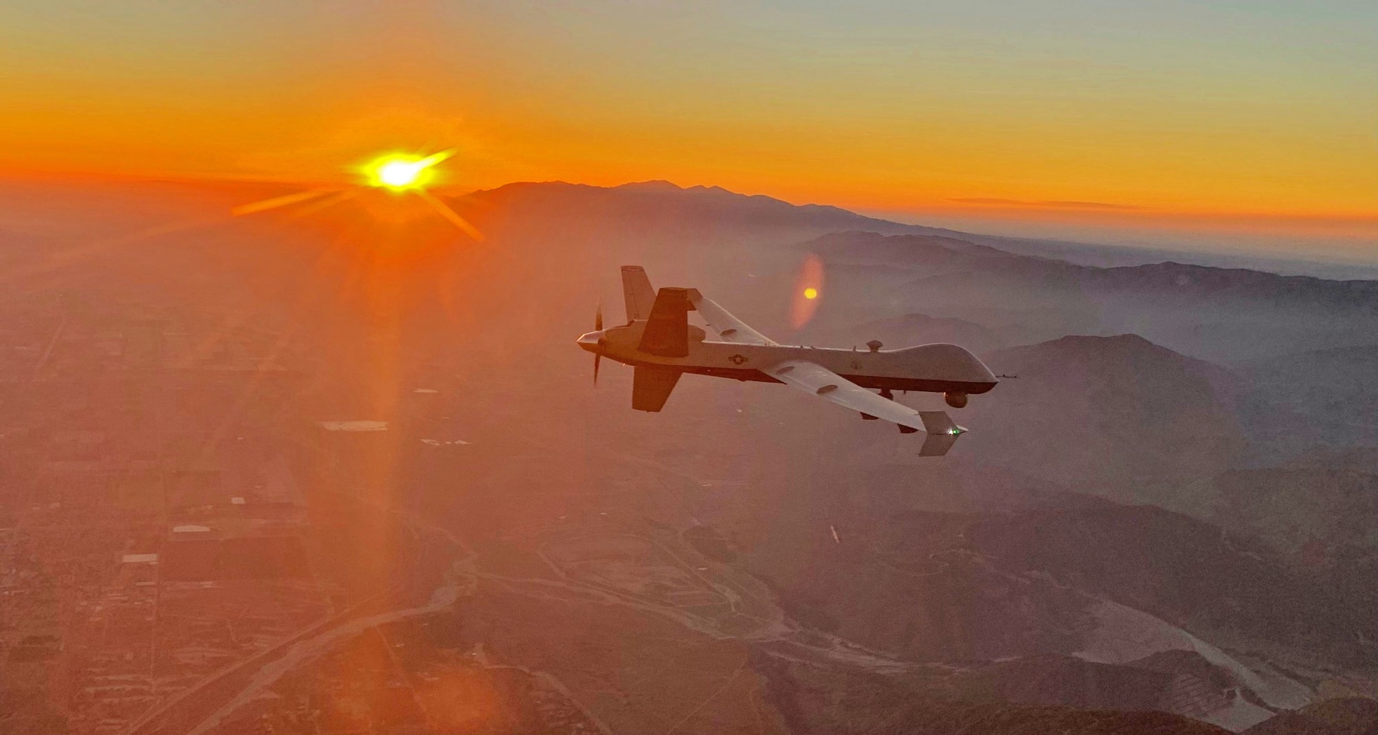 An MQ-9 Reaper remotely piloted aircraft flown by 163d Attack Wing pilot Lt. Col. Paul Brockmeier, with sensor operator Master Sgt. Anthony Martinez, views the smoky San Gabriel Mountains of southern California in transit to a fire mission in northern California, late August, 2020.