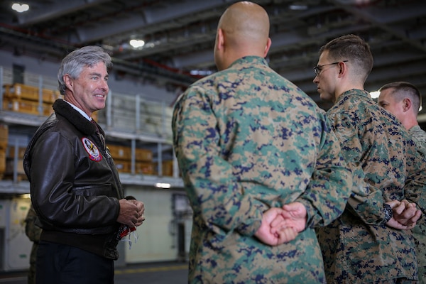 Secretary of the Navy Kenneth Braithwaite visits Her Majesty's Ship Queen Elizabeth at sea off the coast of Flamborough, United Kingdom.