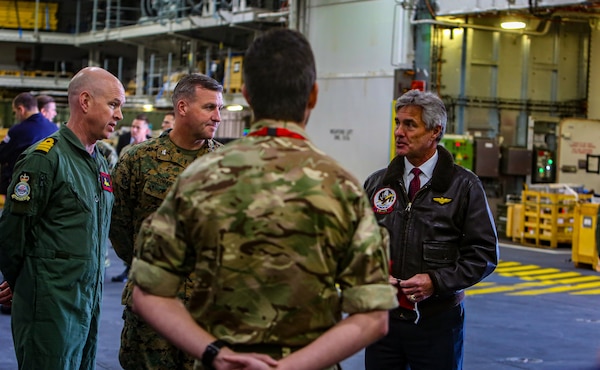 Secretary of the Navy Kenneth Braithwaite visits Her Majesty's Ship Queen Elizabeth at sea off the coast of Flamborough, United Kingdom.