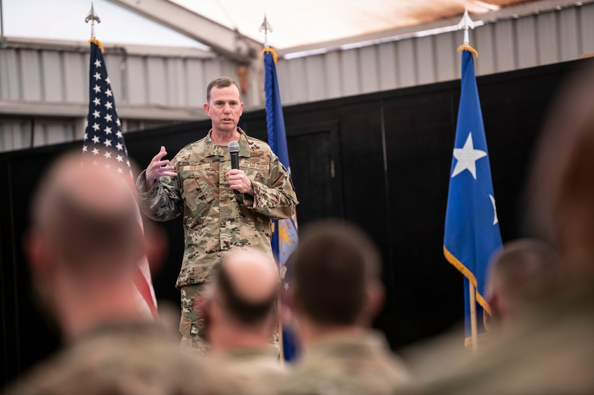 Lt. Gen. Greg Guillot, U.S. Air Forces Central commander, speaks to joint personnel during an all-call at Al Dhafra Air Base, United Arab Emirates, Sept. 27, 2020