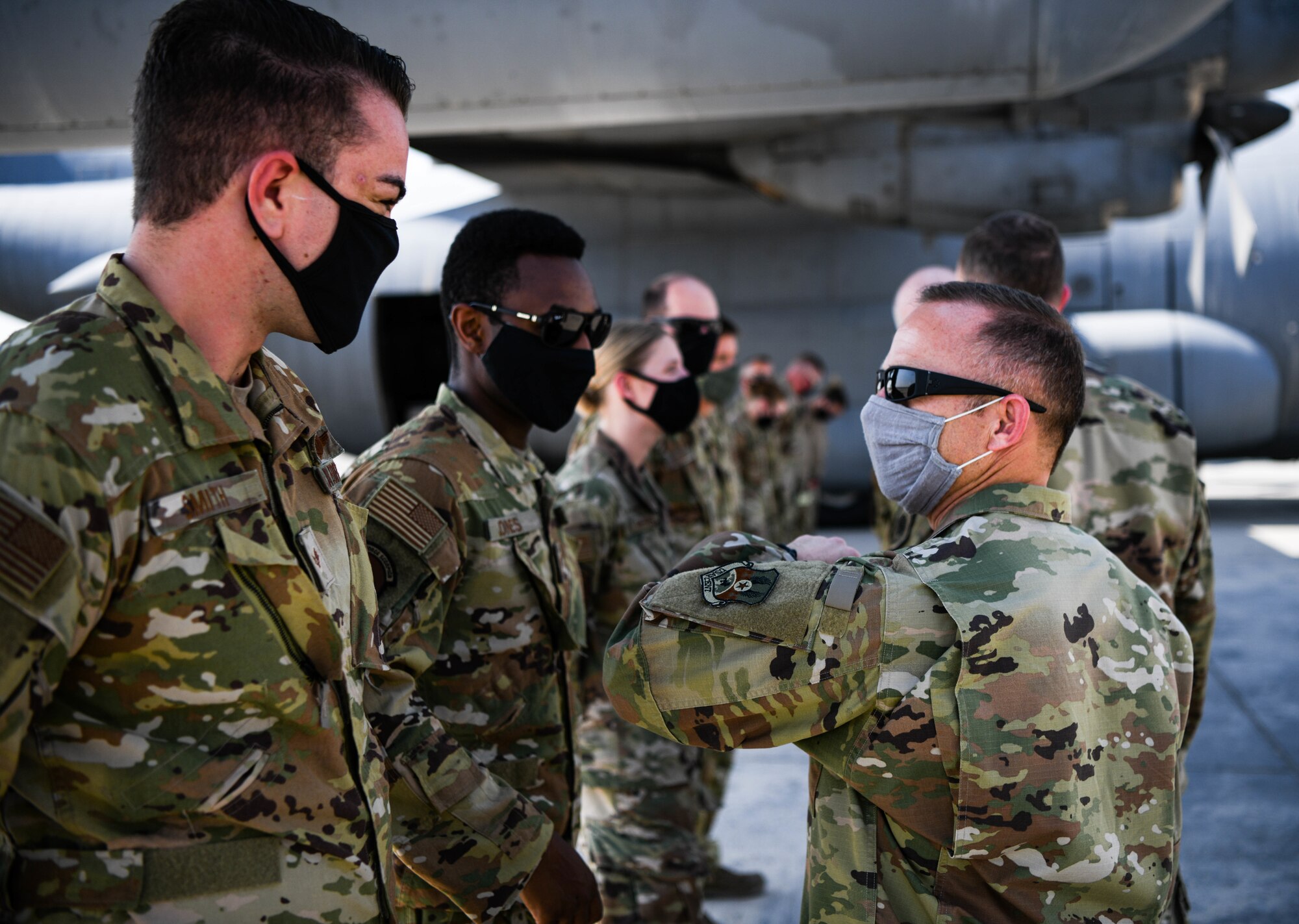 U.S. Air Force Chief Master Sgt. John Storms, U.S. Air Forces Central command chief, speaks with a group of Airmen, Sept. 27, 2020, at Al Dhafra Air Base, United Arab Emirates.