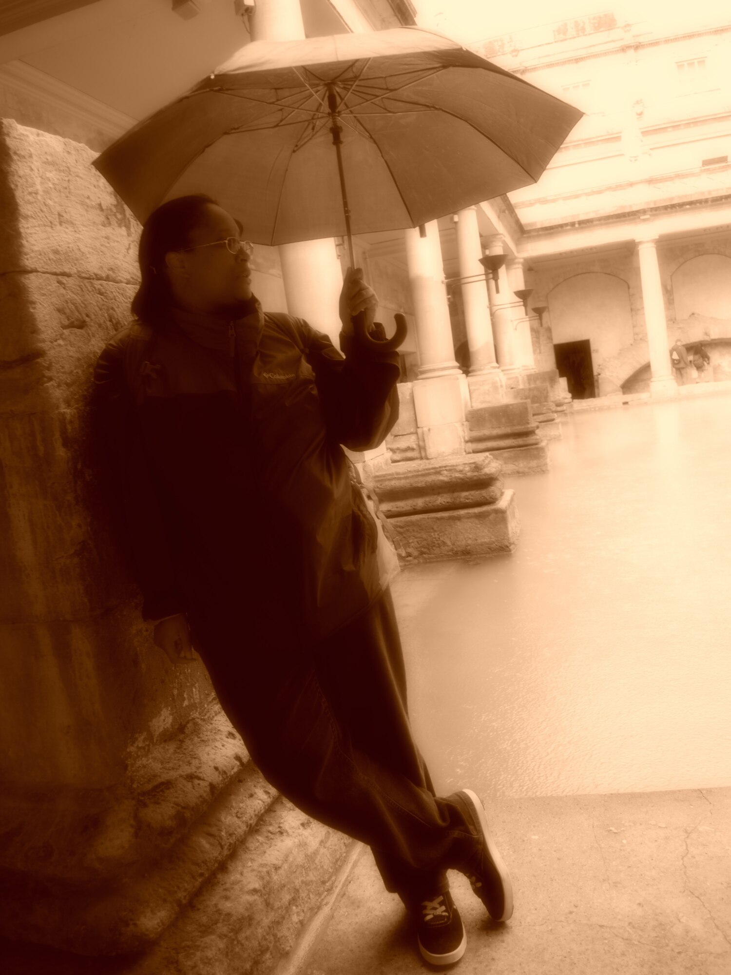 Candy Knight, Public Affairs Specialist for Headquarters Fourth Air Force, relaxes during a visit to the Roman Baths in Bath, England. (Courtesy photo by Chief Master Sgt. April Lapetoda)