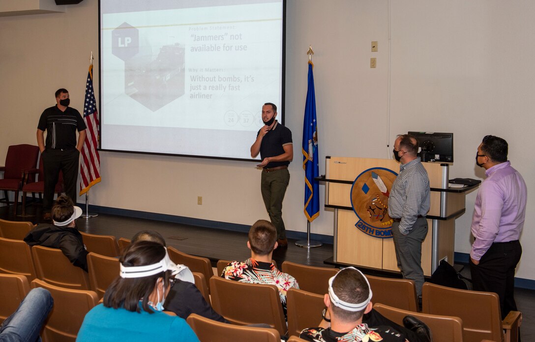 Students within the Leading for Innovation course give a presentation at Dyess Air Force Base, Texas, Sept. 10, 2020.