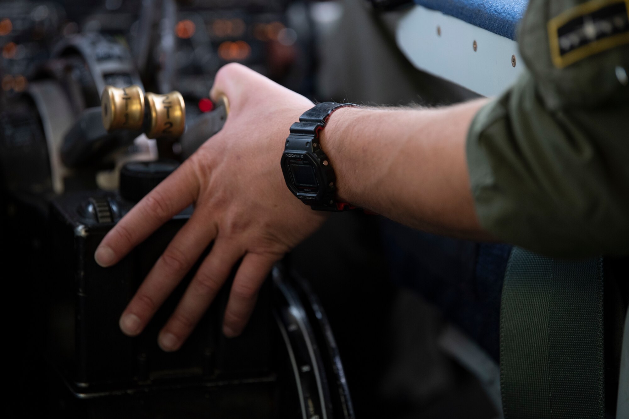 U.S. Air Force Capt. Richard Hall, a pilot assigned to the 91st Air Refueling Squadron, operates the controls of a KC-135 Stratotanker, during a training mission, Sept. 30, 2020, at MacDill Air Force Base, Fla.
