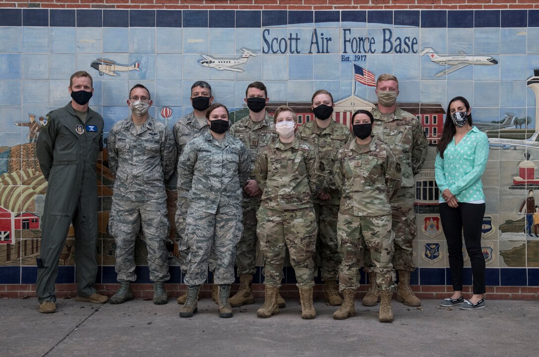 The newest additions to the 932nd Airlift Wing attend newcomers briefings to hear from leadership October 3, 2020, Scott Air Force Base, Illinois. The newcomers learn about the wing's mission, the commander's priorities and resources available to them. (U.S. Air Force photo by Staff Sgt. Melissa Estevez)