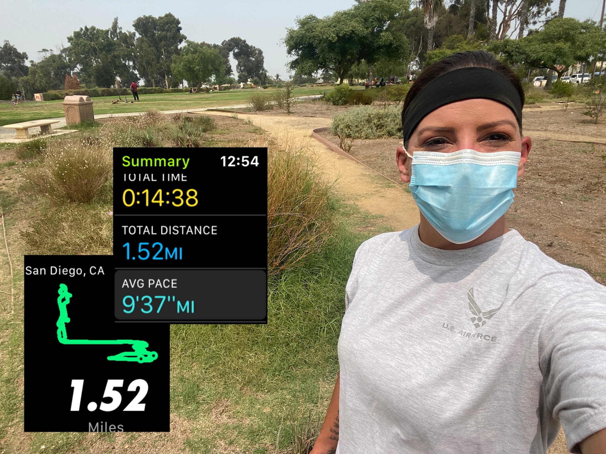 Master Sgt. Jaime Ciciora, 452nd Air Mobility Wing Public Affairs superintendent, takes a selfie to document a virtual mock fitness assessment at her local park in San Diego, Ca. Ciciora documents her time with a screengrab from a fitness tracker on Sept. 13, 2020.