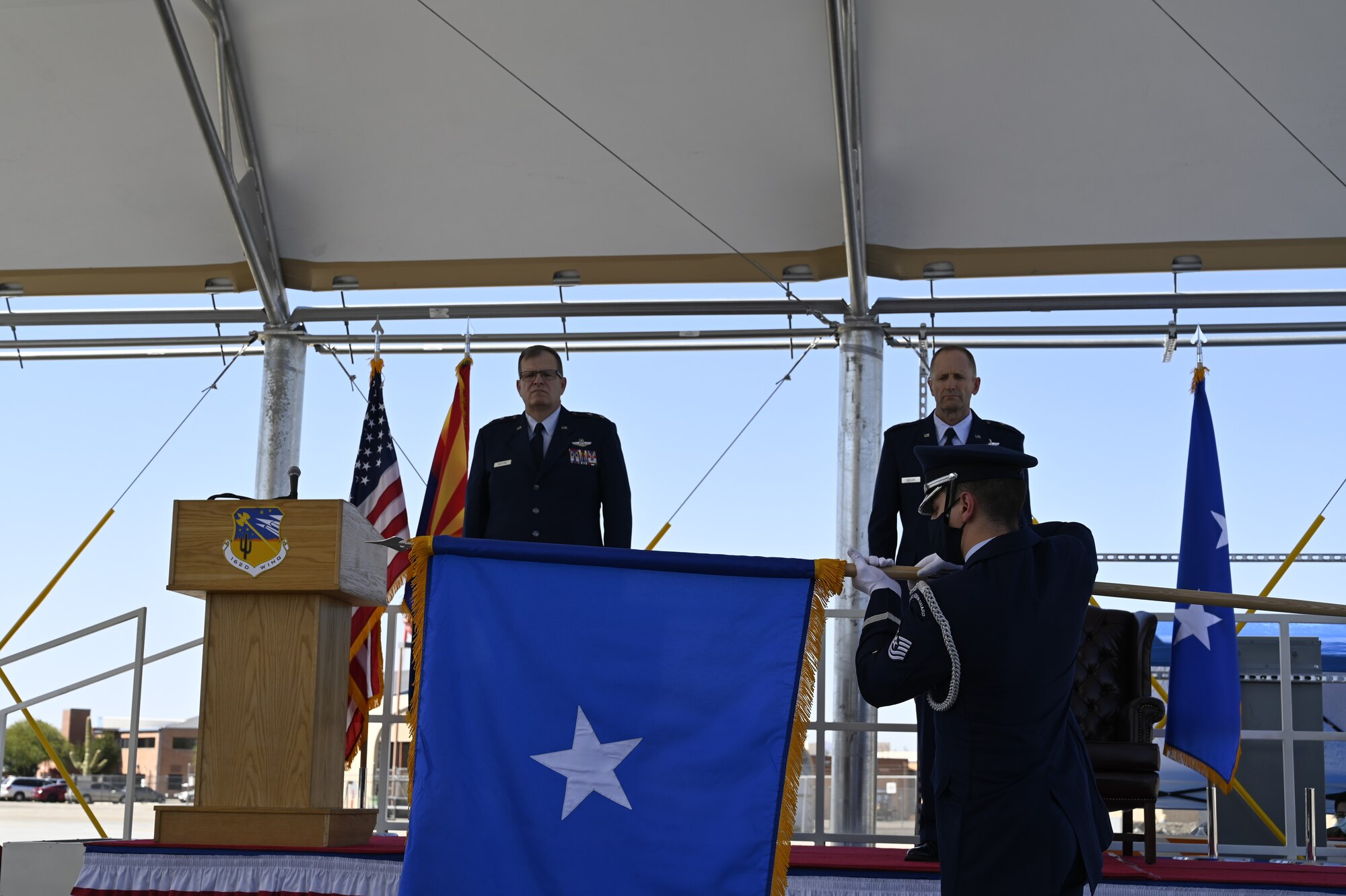 The 162nd Wing Arizona Air National Guard celebrated the promotion of its wing commander Col. Jeffrey L. Butler to brigadier general in a ceremony Oct. 4 at the Morris Air National Guard Base. Due to the COVID-19 pandemic, the wing creatively held a ceremony for Butler’s promotion by limiting attendance to family and distinguished guests, in person, while live-streaming the event to members across base.