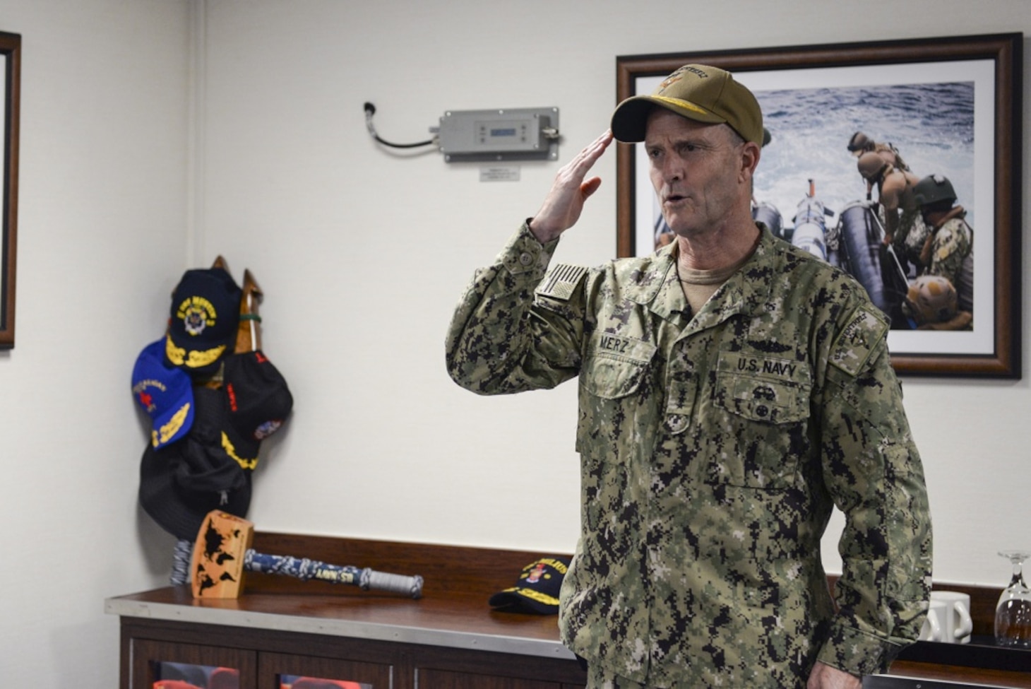 YOKOSUKA, Japan (Oct. 2, 2020) Vice Adm. Bill Merz, commander, U.S. 7th Fleet, presides over the change of command ceremony of commander, Task Force (CTF) 75 through video teleconference aboard the forward-deployed U.S. 7th Fleet flagship USS Blue Ridge (LCC 19). CTF 75 is 7th Fleet's primary expeditionary task force and is responsible for the planning and execution of maritime security operations, explosive ordnance disposal, diving, engineering and construction, and underwater construction.