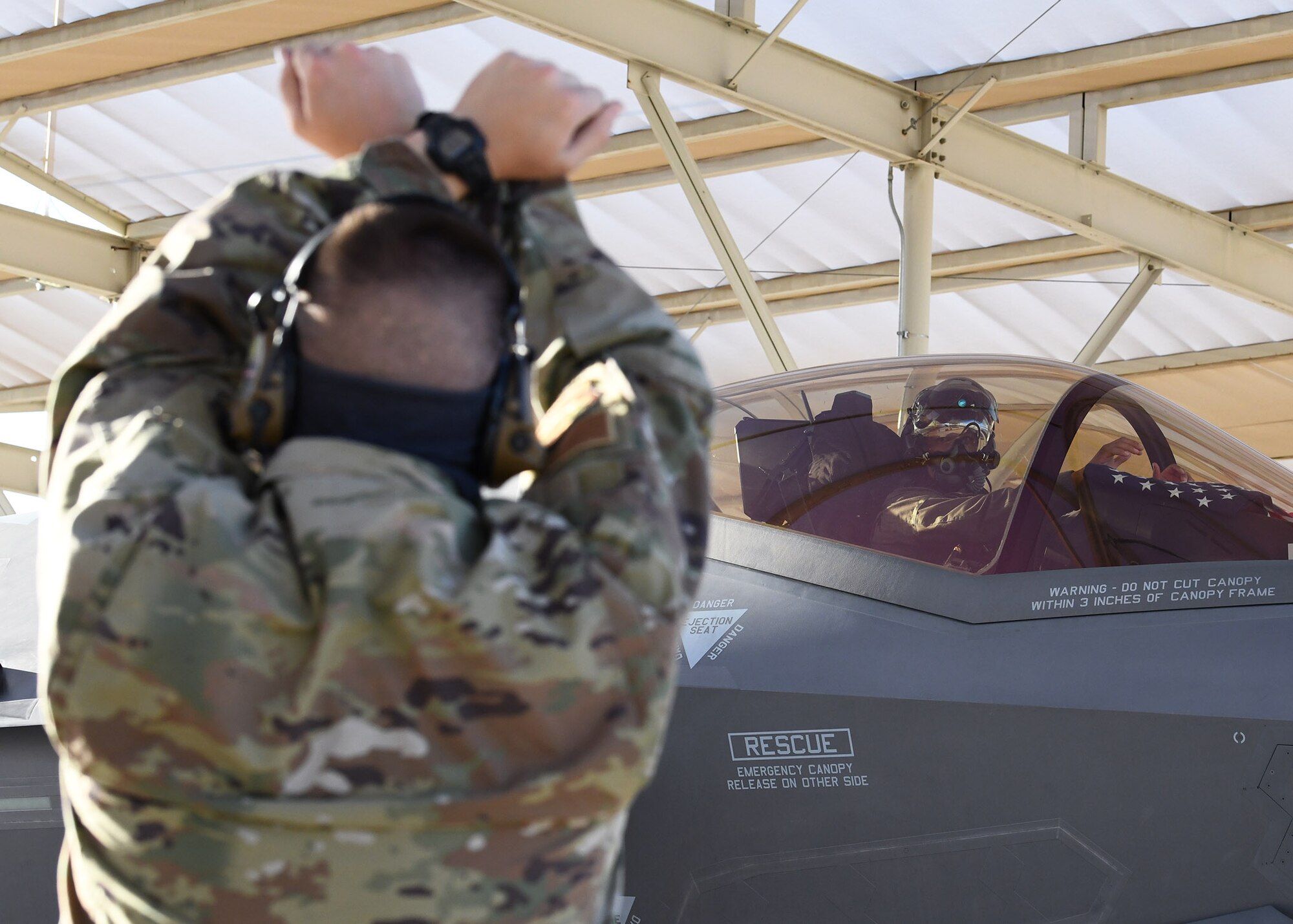 Reserve Citizen Airmen from the 944th Fighter Wing at Luke Air Force Base, Arizona, executed an F-35 Lightning II Missing Man formation flyover October 2, 2020. The mission over the Arizona State Capitol paid tribute to the late Maj. George Washington Biggs, U.S. Air Force (Ret.).