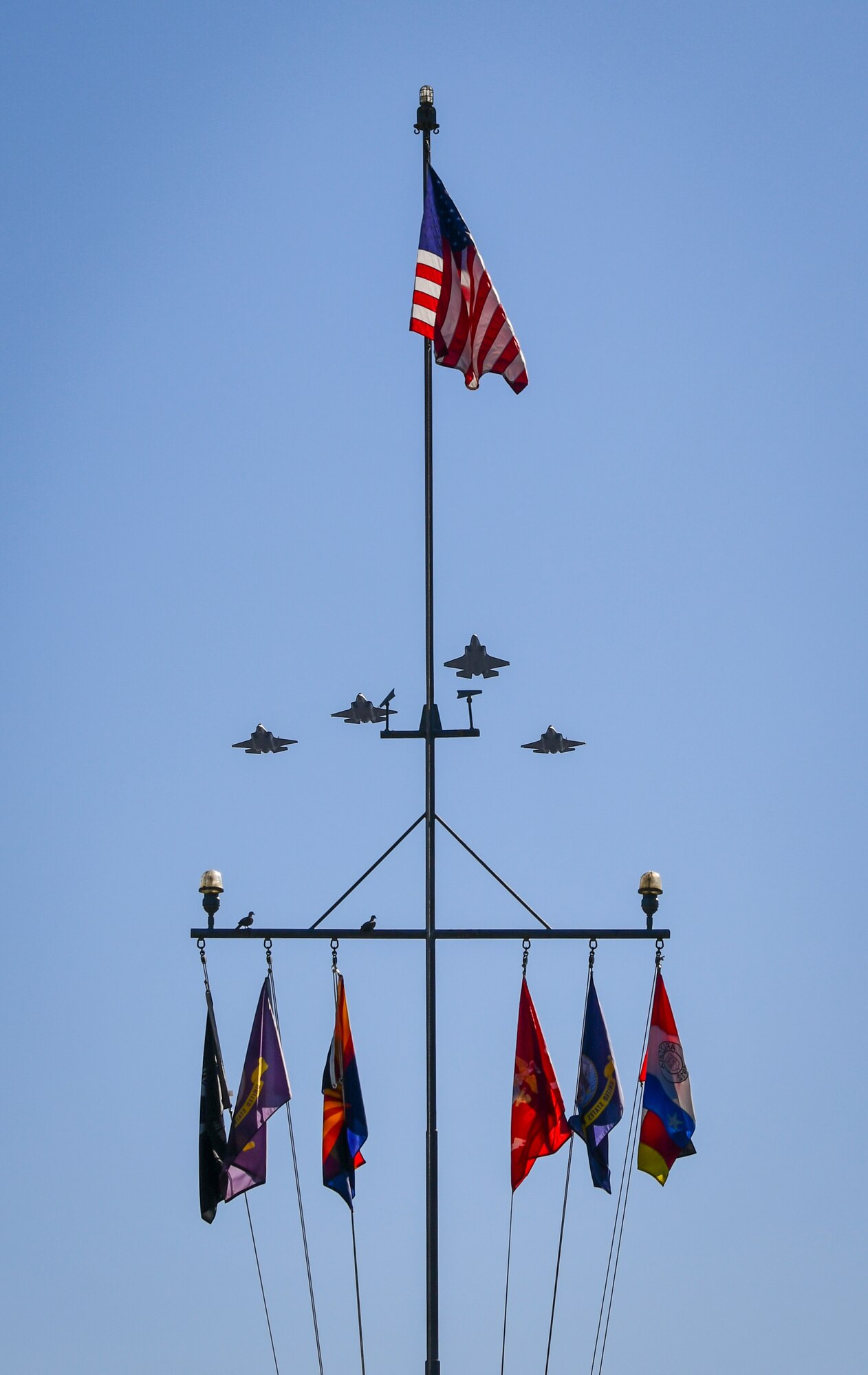 Reserve Citizen Airmen from the 944th Fighter Wing at Luke Air Force Base, Arizona, executed an F-35 Lightning II Missing Man formation flyover October 2, 2020. The mission over the Arizona State Capitol paid tribute to the late Maj. George Washington Biggs, U.S. Air Force (Ret.).