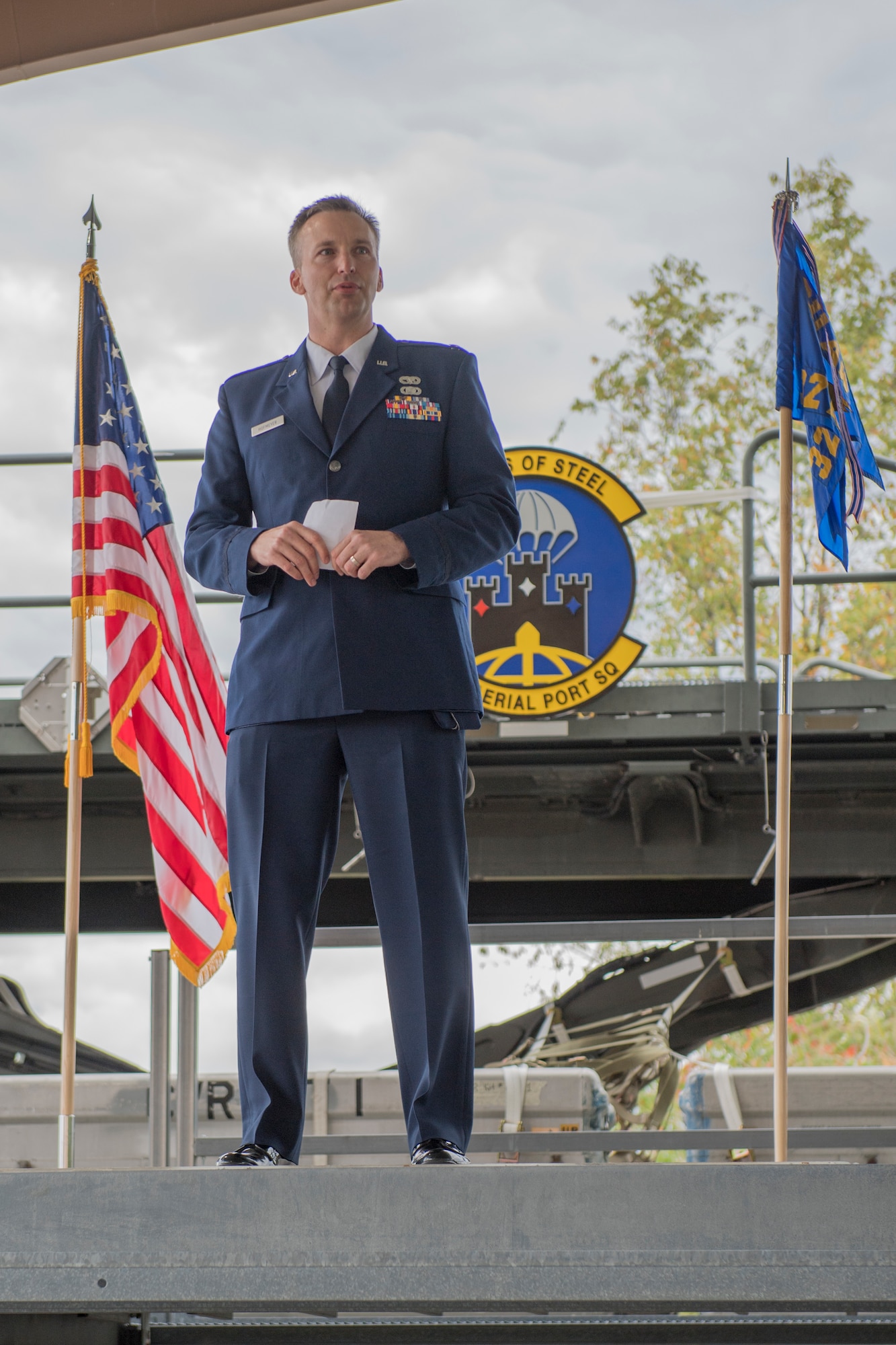 Maj. Erik Hofmeyer, commander of the 32nd Aerial Port Squadron, gives a speech during his assumption of command ceremony at the Pittsburgh International Airport Air Reserve Station, Pennsylvania, Oct. 3. 2020.