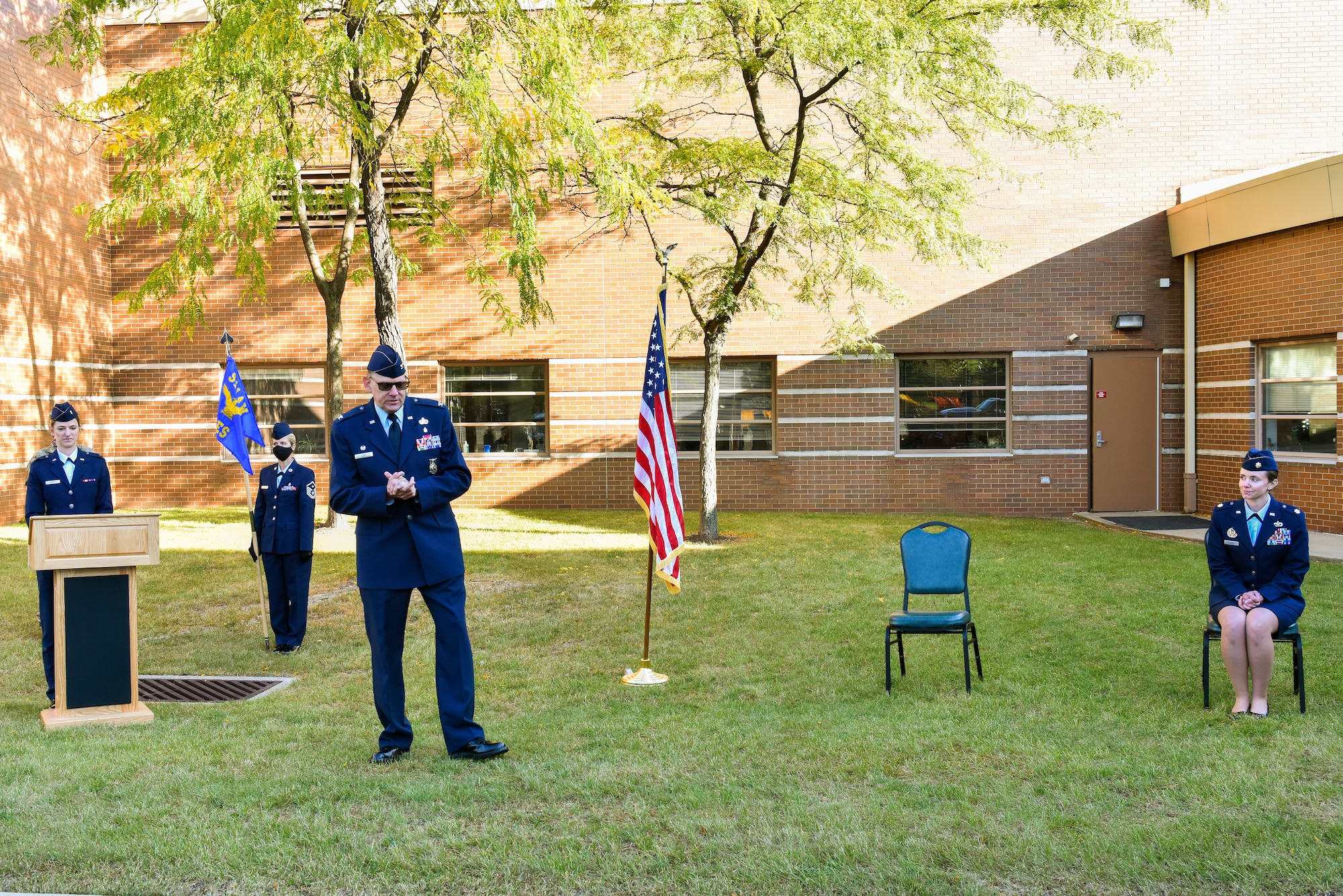 Col. Kenneth M. Lute, commander of the 911th Mission Support Group, gives a speech at the Pittsburgh International Airport Air Reserve Station, Pennsylvania, Oct. 3, 2020.
