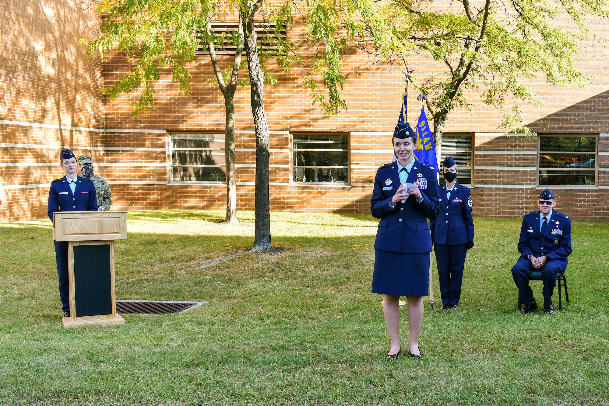 Maj. Corey L. Chance, commander of the 911th Civil Engineering Squadron, speaks to her new unit at the Pittsburgh International Airport Air Reserve Station, Pennsylvania, Oct. 3, 2020.