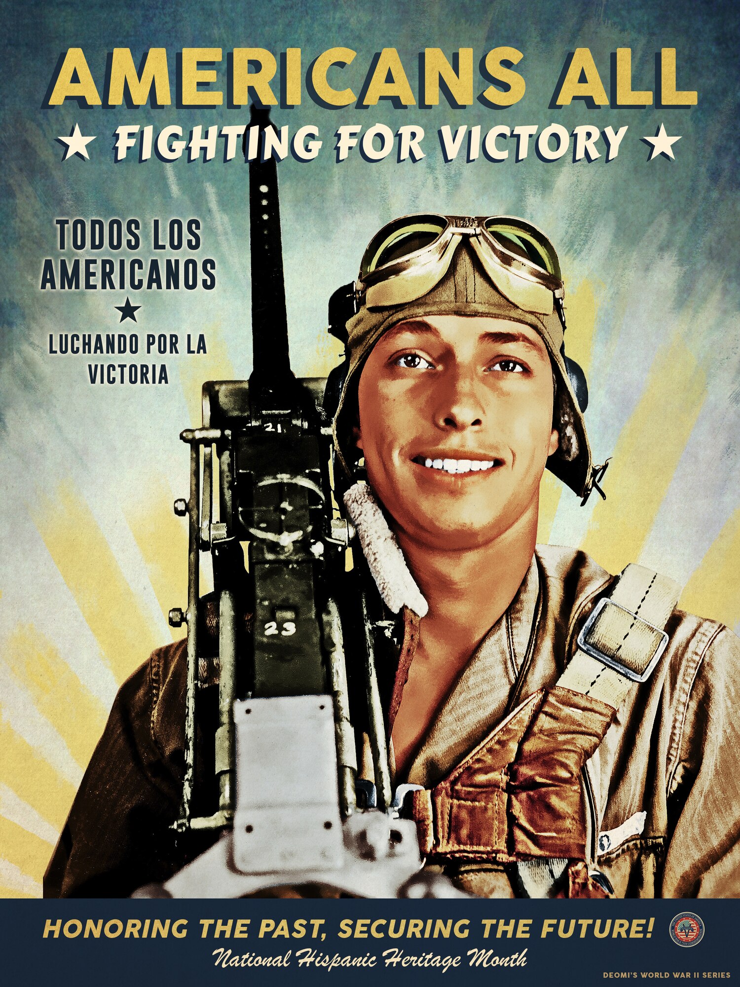 The poster depicts Staff Sgt. Ladislao “L.C.” Castro, the assistant engineer and waist door .50 caliber gunner on a B-24 Liberator bomber named “T-Bar” of the "Flying Eightballs" in the 506th Squadron, 44th Bombardment Group (Heavy), 8th Air Force. We celebrate him in correlation with National Hispanic Heritage Month, formerly known as Hispanic Heritage Week, has been celebrated for more than 50 years and dates back to 1968. In 1988, during the President Ronald Reagan administration the observance period, that was once only a week extended to a month and received its new name. Since then, National Hispanic Heritage Month begins every 15th of September and ends the 15th of October. During this month members pay respect to the Americans who sacrificed themselves for this nation.