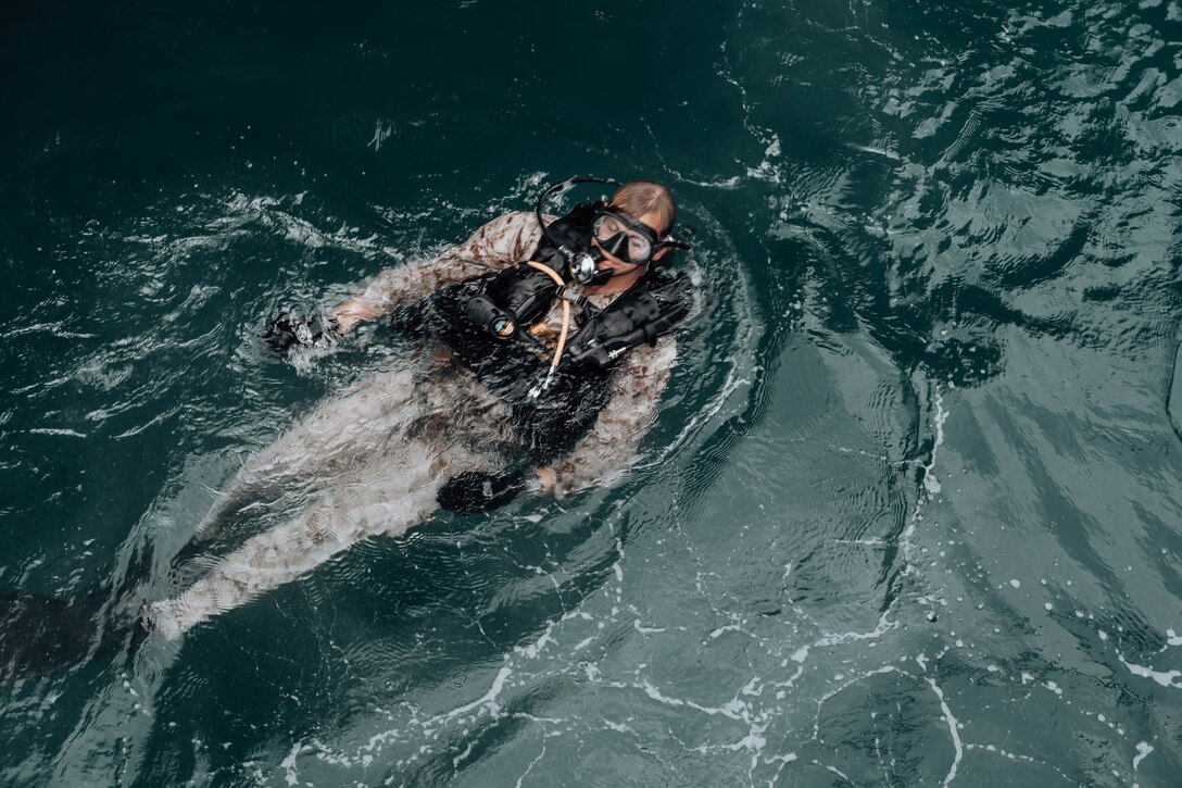 A U.S. Marine recovers from an inspection dive at White Beach, Okinawa, Japan, Sept. 28.
