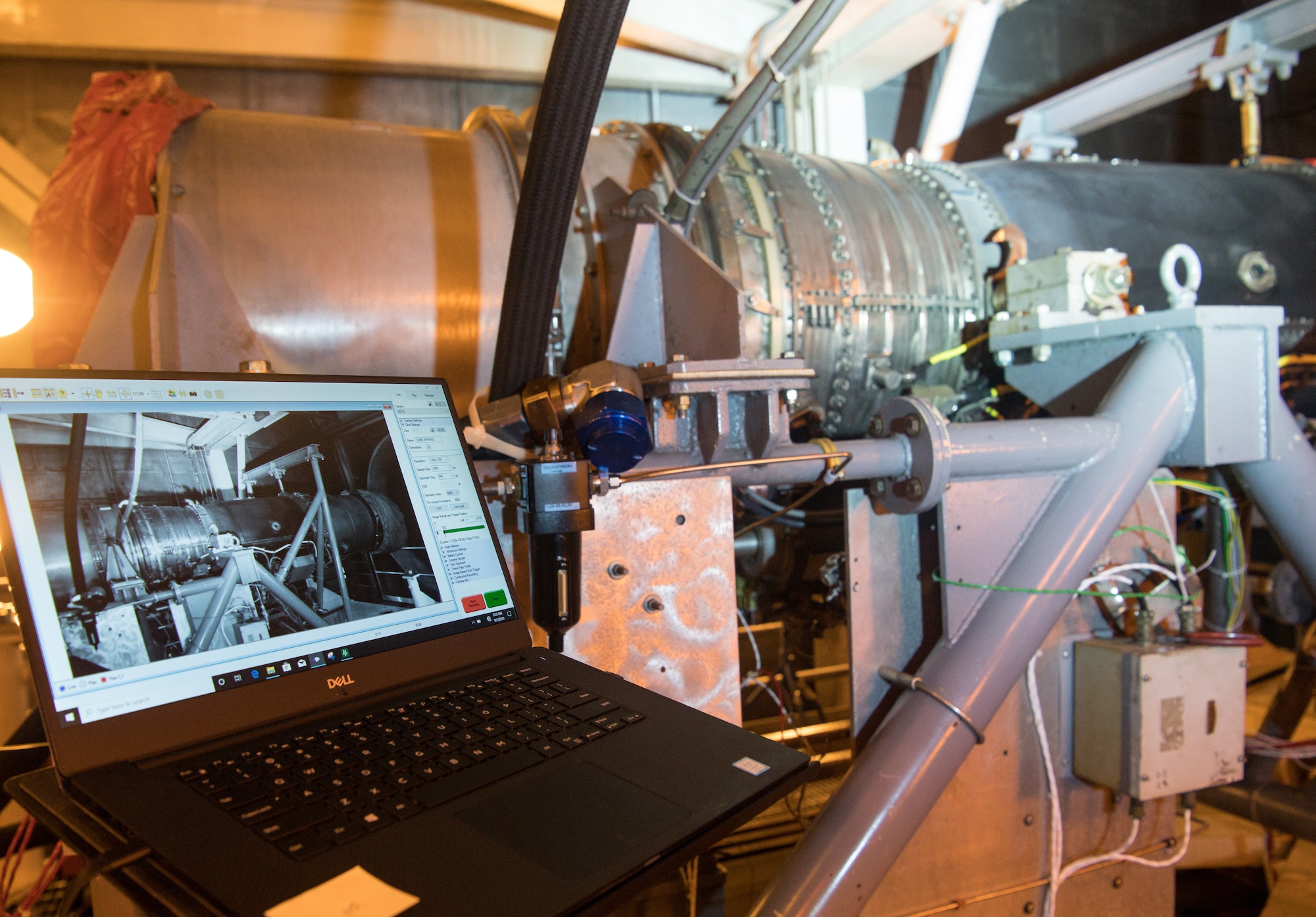 The feed from a high-speed camera is displayed on a laptop in software that uses the video to analyze vibrations, Sept. 1, 2020, in the sea-level test cell SL-1 at Arnold Air Force Base, Tenn. (U.S. Air Force photo by Jill Pickett)