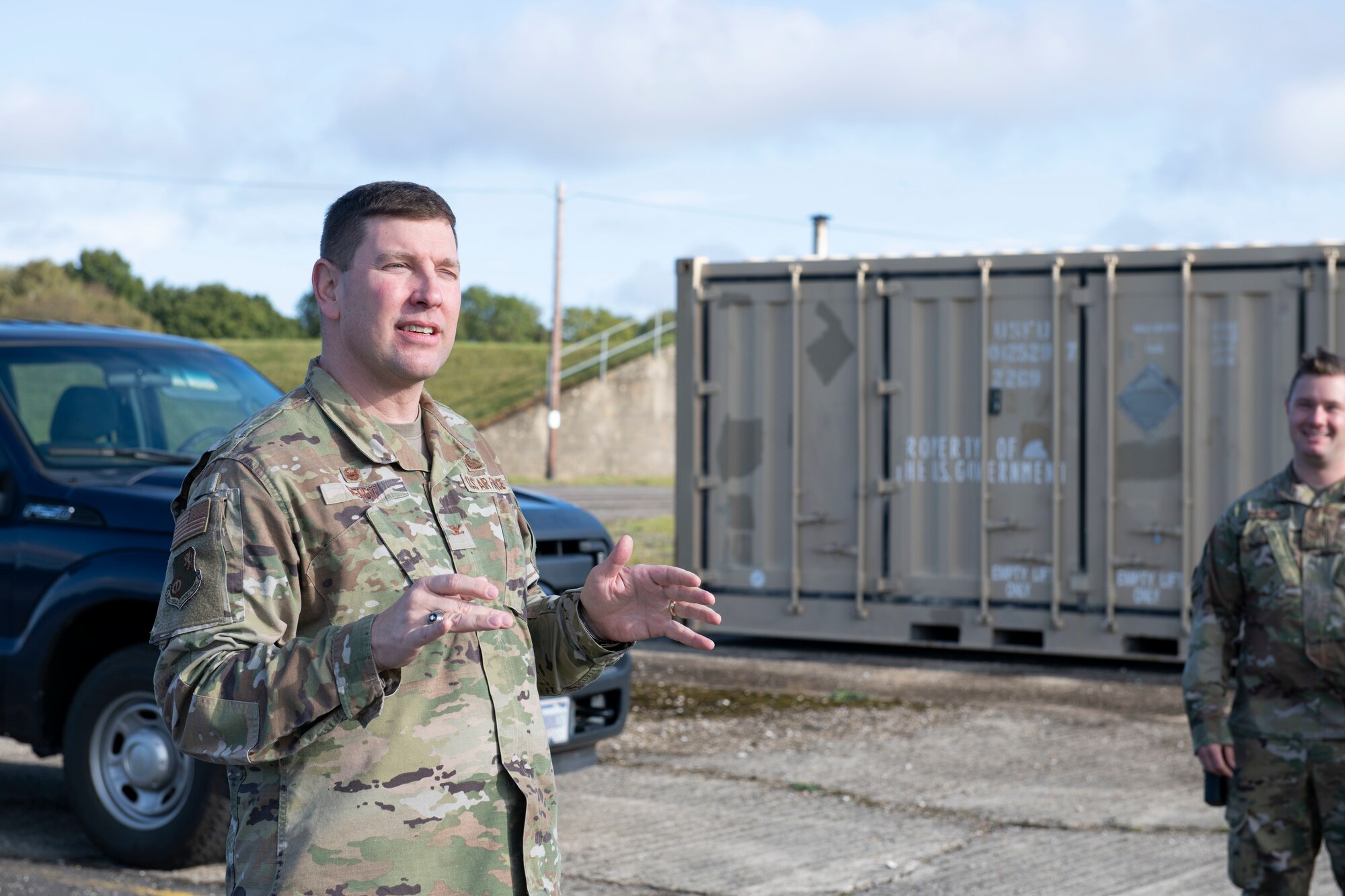 U.S. Air Force Col. Kurt Wendt, left, 501st Combat Support Wing commander, speaks with Airmen from the 420th Munitions Squadron during a visit to RAF Welford, England, Oct. 1, 2020. Wendt visited 420th MUNS to meet with the Airmen and to learn more about their new mission capabilities. (U.S. Air Force photo by Senior Airman Jennifer Zima)