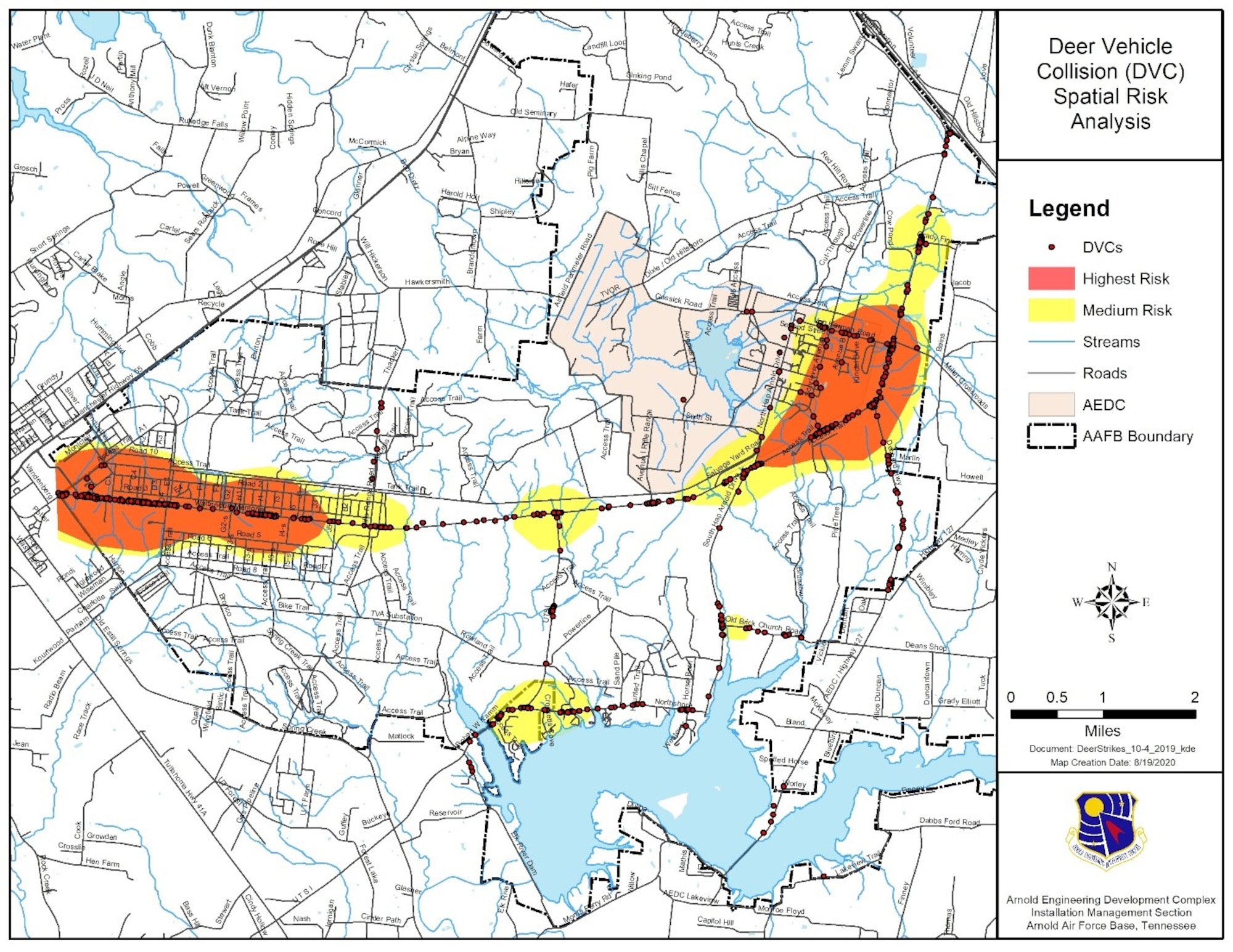 Motorists traveling on and around Arnold AFB should always assume they are driving through deer habitat but, based on the geospatial probability analysis represented in this map, there appears to be areas at Arnold where deer-vehicle collisions are more concentrated and pose higher risk. (Graphic contributed)
