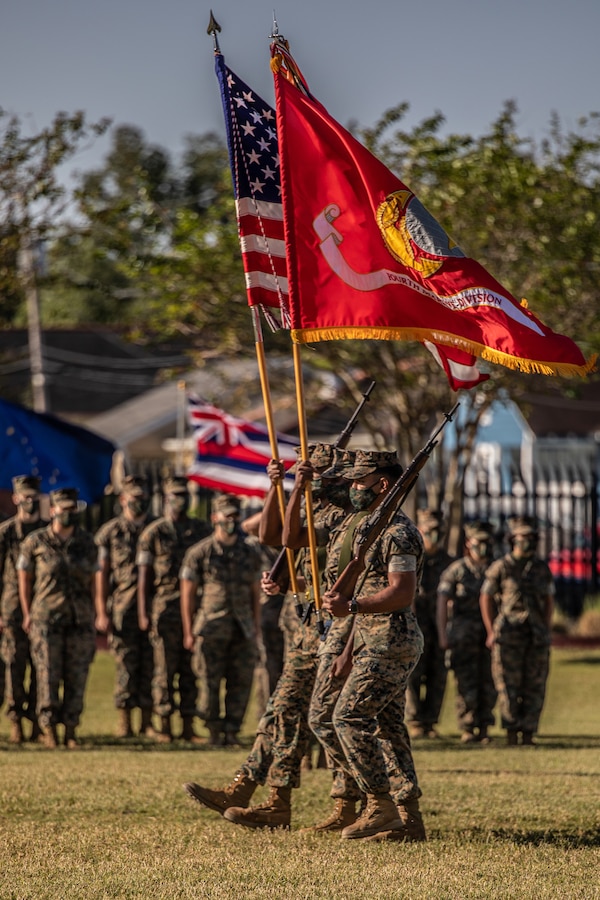 The 4th Marine Division color guard march on the colors during the change of command ceremony of Maj. Gen. Michael S. Martin, outgoing commanding general, 4th MARDIV, to Maj. Gen. Michael F. Fahey, incoming commanding general, at Marine Corps Support Facility New Orleans, Oct. 2, 2020. The change of command ceremony was held as a formal transfer of power of authority and responsibility for the division and its Marines and sailors from one general officer to another. (U.S. Marine Corps photo by Lance Cpl. Preston L. Morris)