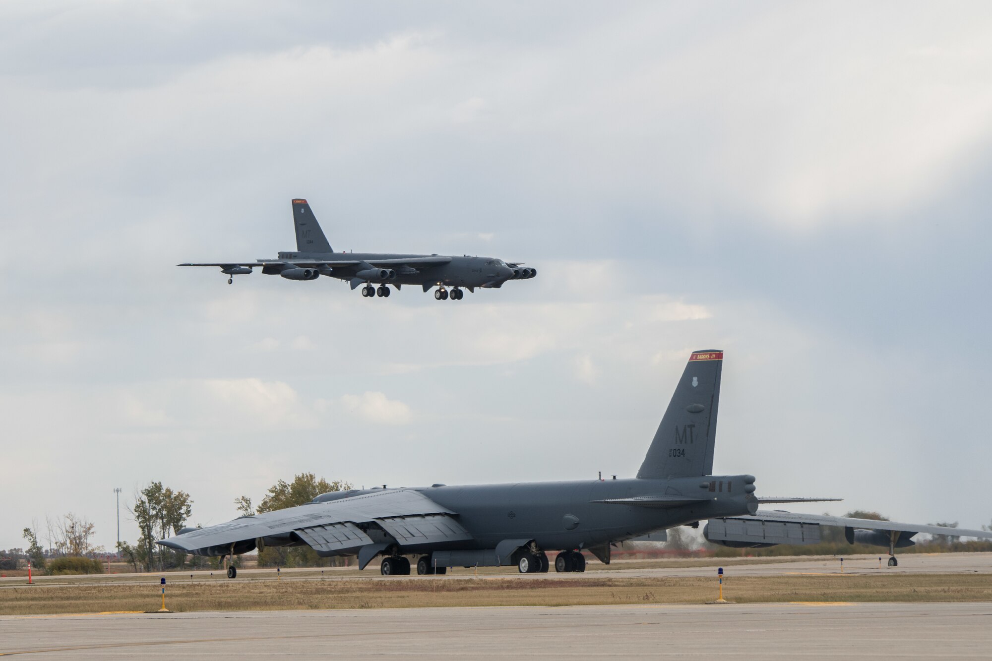 B-52 Stratofortress aircraft land at Minot AFB
