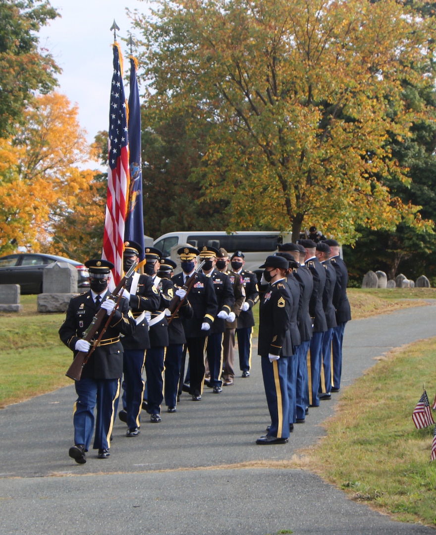 New York Army National Guard Soldiers forming a color guard  move into position during a ceremony saluting President Chester Arthur, the 21st president of the United States, at his burial site in Albany Rural Cemetery in Menands, New York, on Oct. 5, 2020. The current occupant of the White House sends a wreath to mark the gravesites of former presidents on their birthdays. The wreath is presented by a military leader. Maj. Gen. Michel Natali, the assistant adjutant general, Army, of the New York National Guard, presented the wreath.