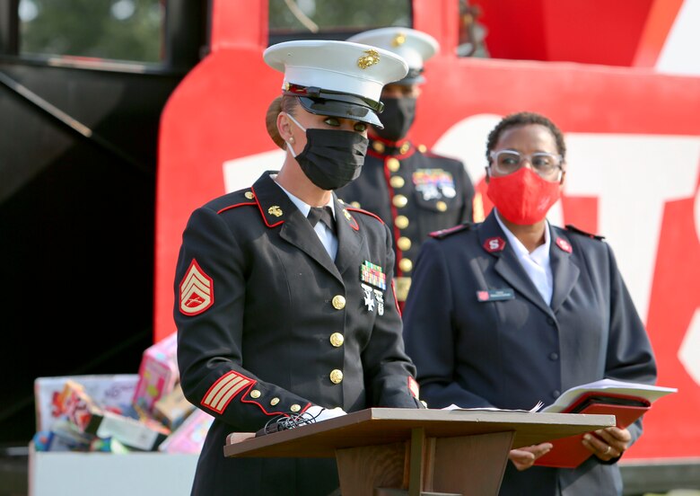 Staff Sgt. Tara Ballard, coordinator, Toys for Tots, and Capt. Rebecca Sullivan, commanding officer, Salvation Army, gathered aboard Marine Corps Logistics Base Albany to formally kickoff the 73rd annual Toys for Tots campaign, Oct. 2. (U.S. Marine Corps photo by Jennifer Parks)