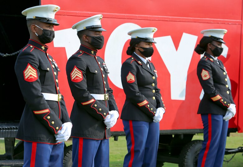 Staff Sgt. Tara Ballard, coordinator, Toys for Tots, and Capt. Rebecca Sullivan, commanding officer, Salvation Army, gathered aboard Marine Corps Logistics Base Albany to formally kickoff the 73rd annual Toys for Tots campaign, Oct. 2. (U.S. Marine Corps photo by Jennifer Parks)