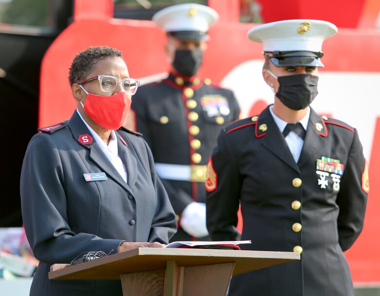 Staff Sgt. Tara Ballard, coordinator, Toys for Tots, and Capt. Rebecca Sullivan, commanding officer, Salvation Army, gathered aboard Marine Corps Logistics Base Albany to formally kickoff the 73rd annual Toys for Tots campaign, Oct. 2. (U.S. Marine Corps photo by Jennifer Parks)
