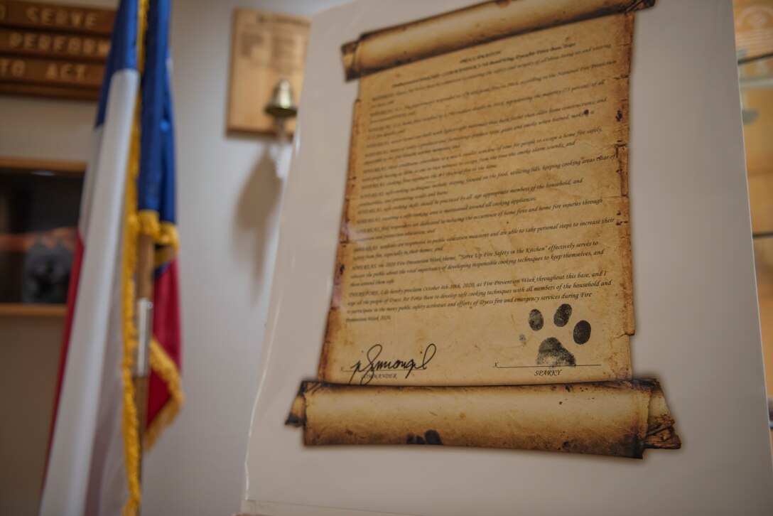 A signed Fire Prevention Week proclamation is displayed inside the Dyess Air Force Base fire station at Dyess AFB, Texas, Oct. 5, 2020. The Dyess AFB Fire Department titled this year’s theme for Fire Prevention Week “Serve Up Fire Safety in the Kitchen”. The theme focuses on educating the community on different safety measures to help prevent and combat kitchen fires. (U.S. Air Force photo by Airman 1st Class Colin Hollowell)