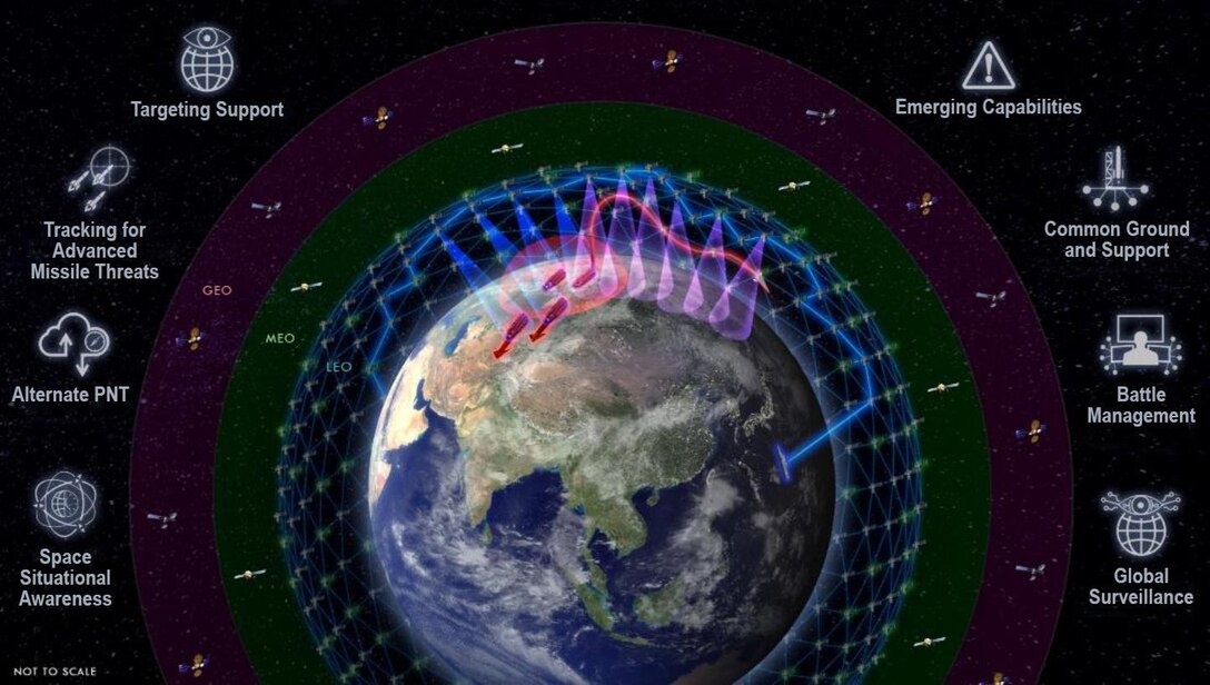 Illustrated satellites appear over Earth.