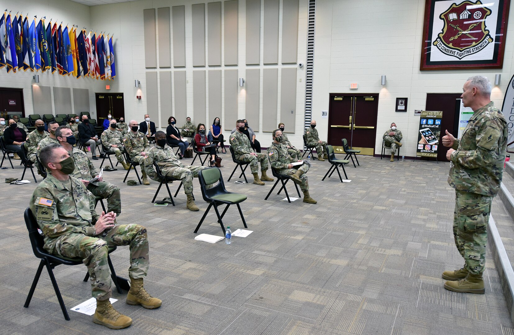 Maj. Gen. Dennis LeMaster, commanding general of the U.S. Army Medical Center of Excellence, addresses the audience at the MEDCoE Ready and Resilient Council meeting, where various Joint Base San Antonio installation programs and mission partners shared how they can help play a role in combating the unit corrosives.