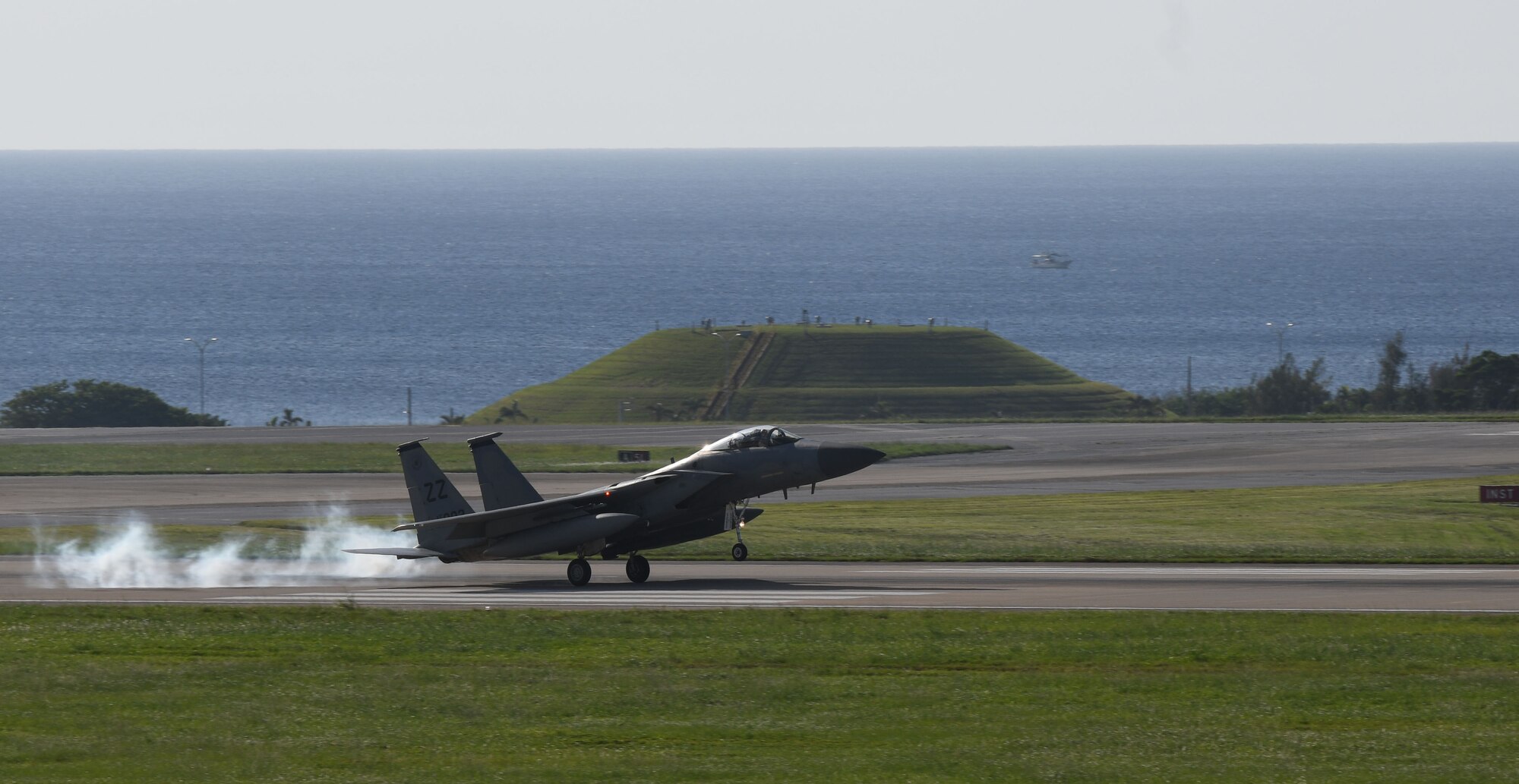 A U.S. Air Force F-15C Eagle from the 44th Fighter Squadron lands at Kadena Air Base, Japan, Oct. 3, 2020, after returning from a deployment to the U.S. Central Command theater to defend U.S. and partner nation interests, while creating logistical flexibility. During their deployment, Airmen assigned to 18th Aircraft Maintenance Squadron, 18th Component Maintenance Squadron, 18th Equipment Maintenance Squadron, 18th Munitions Squadron, 18th Maintenance Operations Flight, and 18th Operations Support Squadron along with the 44th FS supported ongoing operations maintaining air superiority, defending forces on the ground, enhancing regional partnerships, and demonstrating a continued commitment to regional security and stability. (U.S. Air Force photo by Tech. Sgt. Benjamin Sutton)