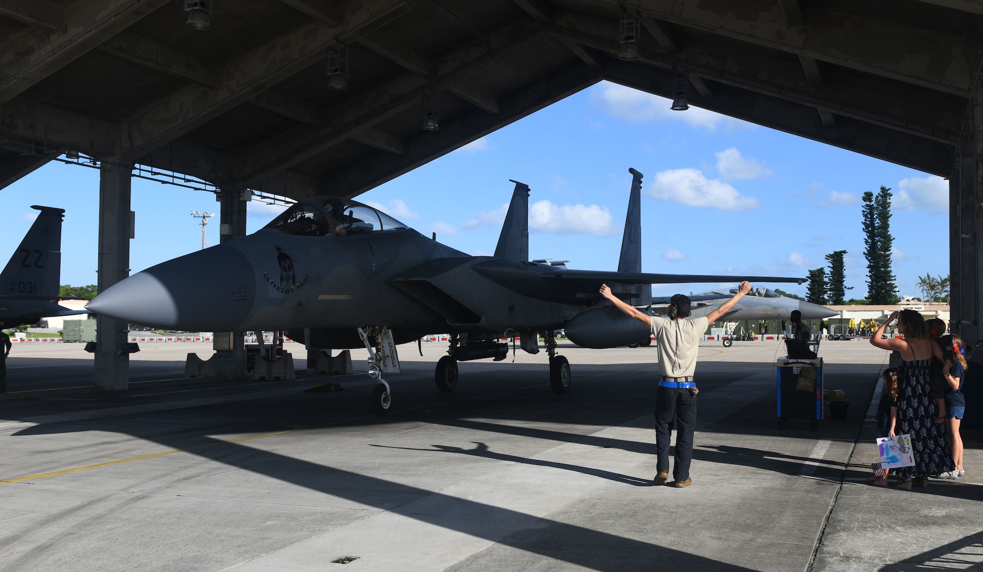 A U.S Air Force F-15C Eagle assigned to the 44th Fighter Squadron pulls into a parking spot Oct. 3, 2020, at Kadena Air Base, Japan. More than 300 Airmen assigned to the 18th Operations and Maintenance Groups as well as pilots and aircraft assigned to the 44th Fighter Squadron deployed to the U.S. Central Command theater to defend U.S. and partner nation interests. During their deployment, Airmen conducted more than 1,000 sorties and 5,300 combat hours, which drove 13 phase inspections in six months. They’ll share the skills they learned in combat with Team Kadena, joint partners and allies to ensure a free and open Indo-Pacific. (U.S. Air Force photo by Tech. Sgt. Benjamin Sutton)