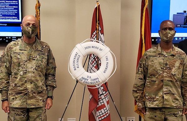 Lt. Gen. Scott A. Spellmon, Chief of Engineers and Command Sergeant Major Patrickson Toussaint, U.S. Army Corps of Engineers with the Waterfront Alliance ‘Hero of the Harbor 2020’ Award.