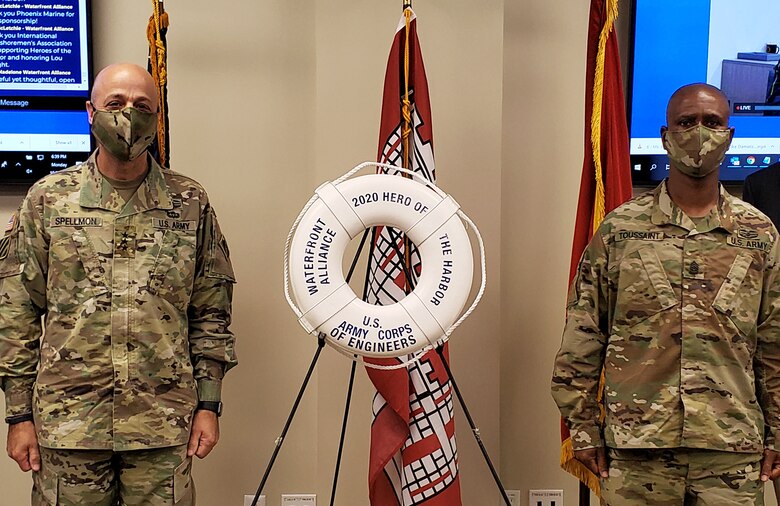 Lt. Gen. Scott A. Spellmon, Chief of Engineers and Command Sergeant Major Patrickson Toussaint, U.S. Army Corps of Engineers with the Waterfront Alliance ‘Hero of the Harbor 2020’ Award.