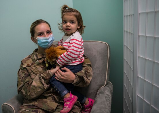 U.S. Air Force Senior Airman Bailey Miller, an imagery analyst with the 1st Special Operations Support Squadron, and her daughter spend time in the 1st SOSS nursing room at Hurlburt Field, Florida, Sept. 29, 2020. Approximately 14 units on Hurlburt have designated safe, clean and private spaces for family rooms to support Air Commandos and their families with plans to establish more soon. (U.S. Air Force photo by Airman 1st Class Robyn Hunsinger)