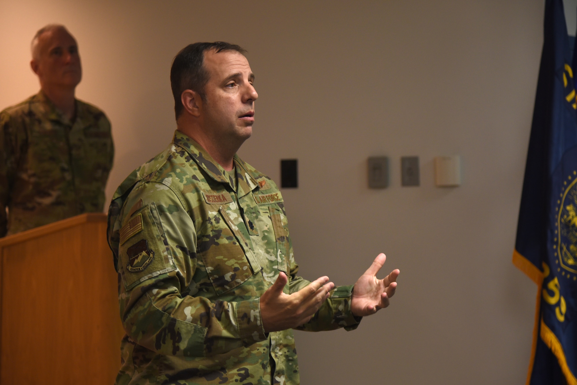 U.S. Air Force Lt. Col. Michael Kosderka, new 142nd Maintenance Group commander, gives remarks during a change of command ceremony at Portland Air National Guard Base, Ore., Oct. 1, 2020. Kosderka spoke about his goals while in his new role as the 142nd MXG commander. (U.S. Air National Guard Photo by Senior Airman Valerie R. Seelye)