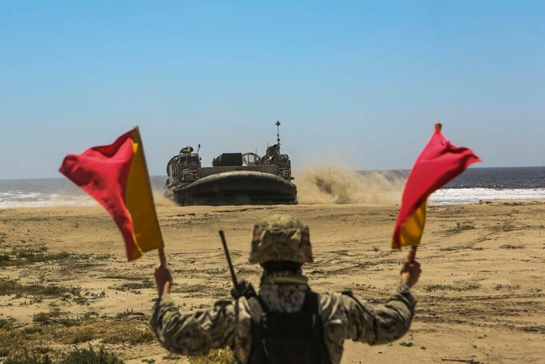 Landing Support Specialist from LS Co, 1st TSB direct an LCAC conducting a landing aboard Red Beach, Camp Pendleton on 4 May 2020.